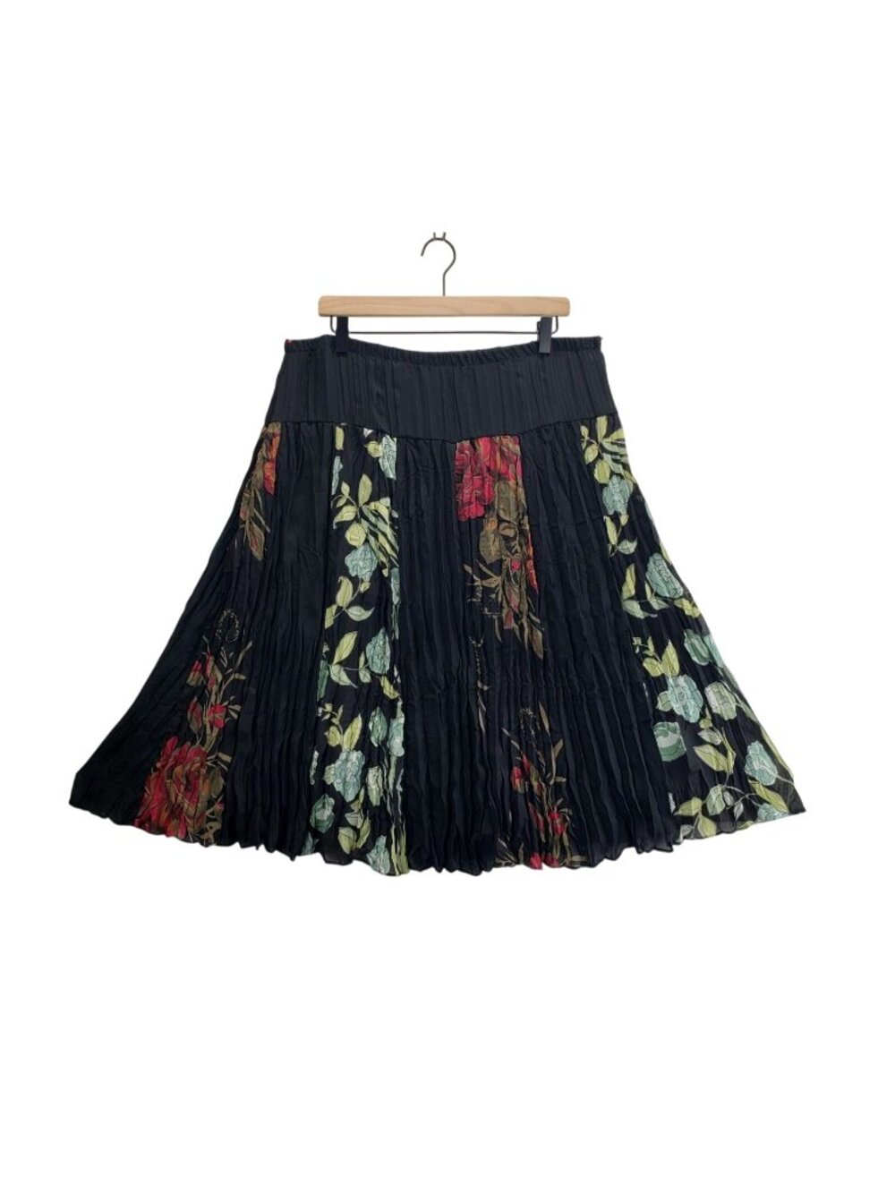 Boho Pleated Crinkle Skirt XL Knee Length Black Semi Sheer Floral Panels Cottage